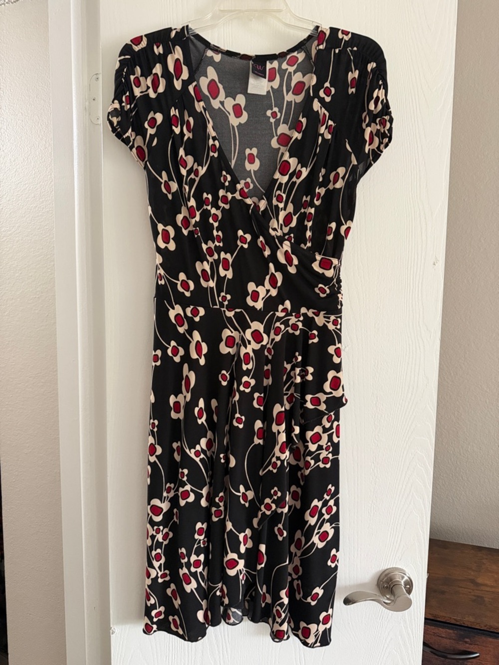Wrapper Black Midi Wrap Dress with Red and Cream Floral Print